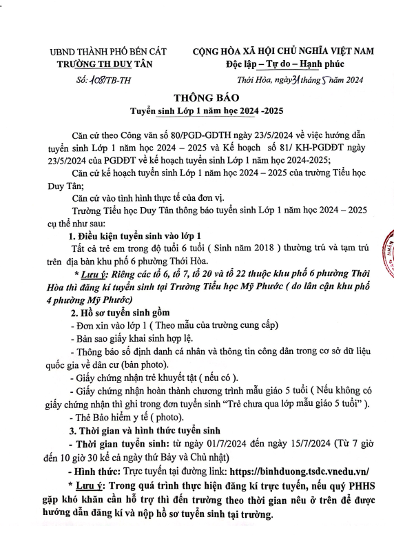 Thông báo Tuyển sinh lớp 1 Năm học 2024 - 2025
