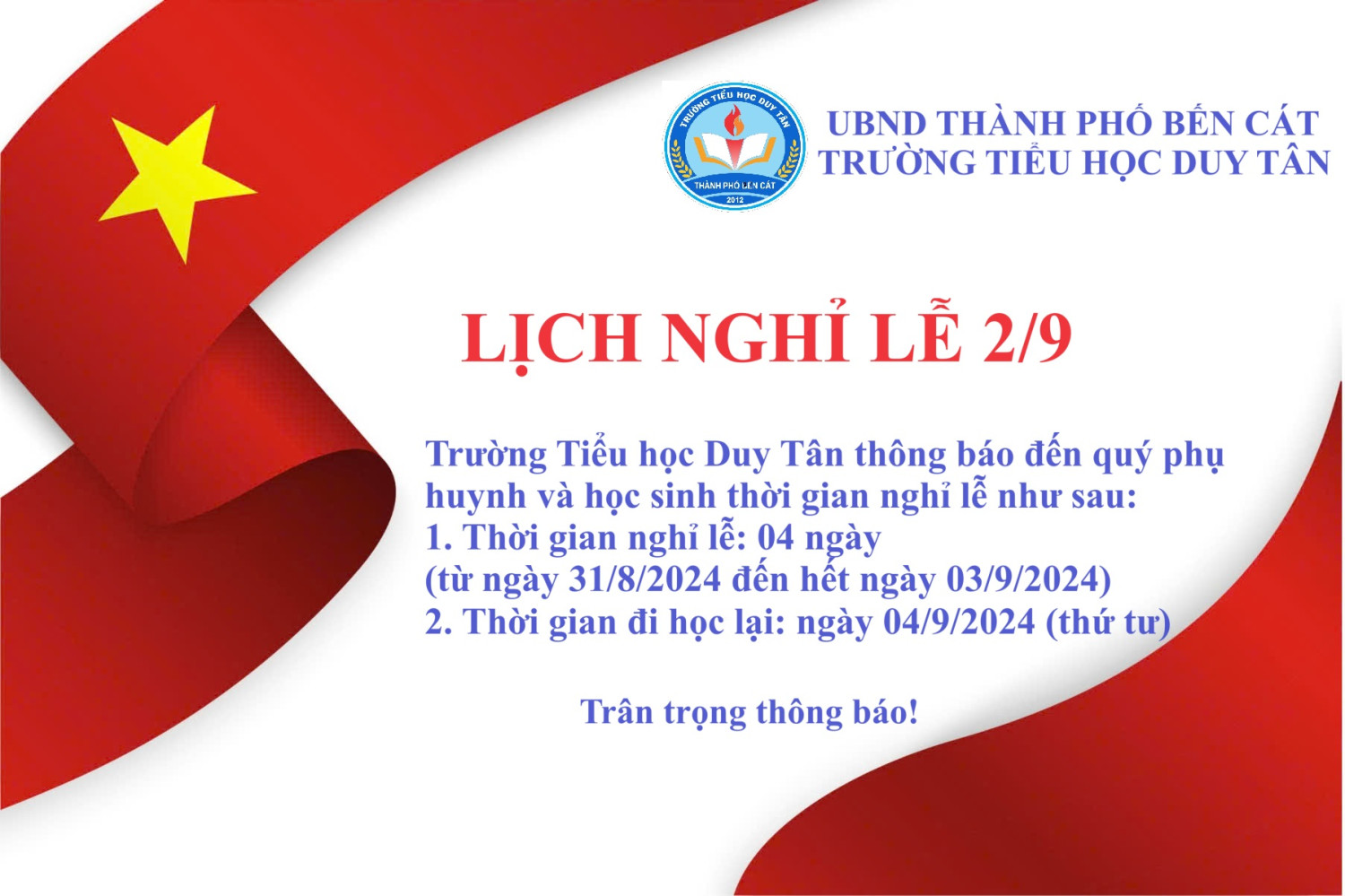 Thông báo nghỉ lễ 2/9