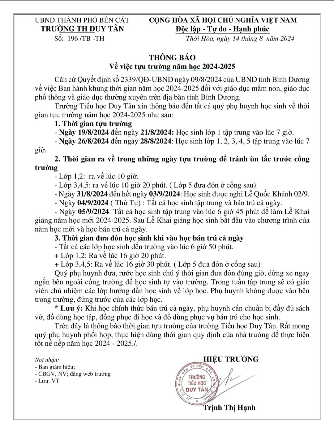 Thông báo về việc tựu trường năm học 2024 - 2025